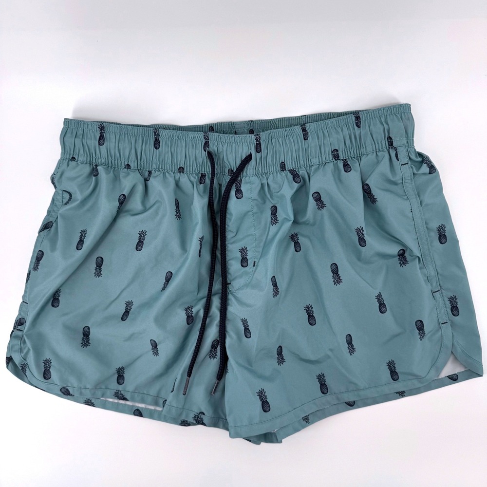 H&M Mens Size Medium Pineapple Print Swim Trunks Dusty Blue Teal‎ Mesh Lining 3"
